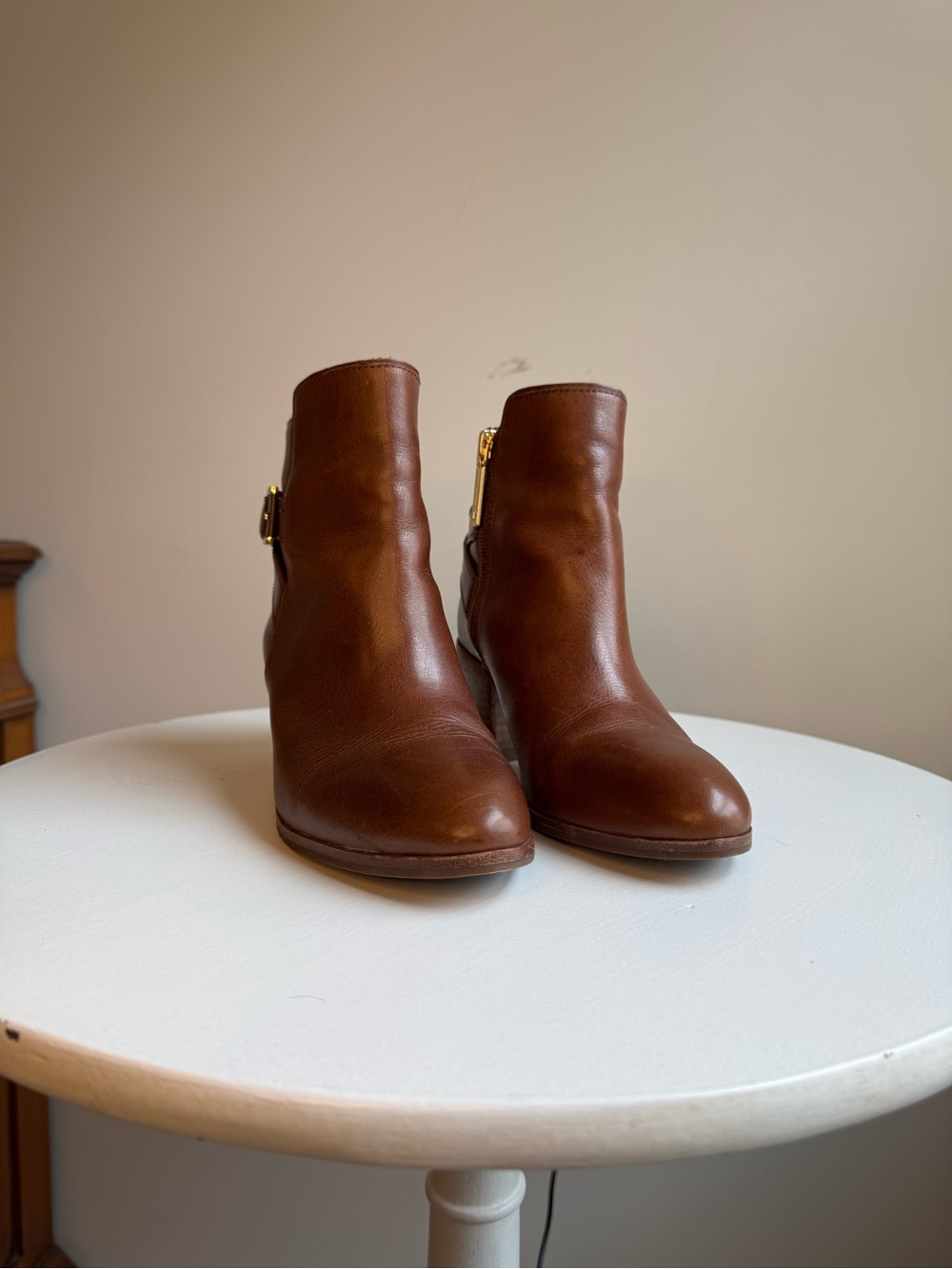 Louise et Cie Cognac Leather Ankle Booties with Gold Zip Detail